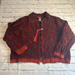 Vintage Produce Company Red and Black Floral Burnout Jacket. Size XL